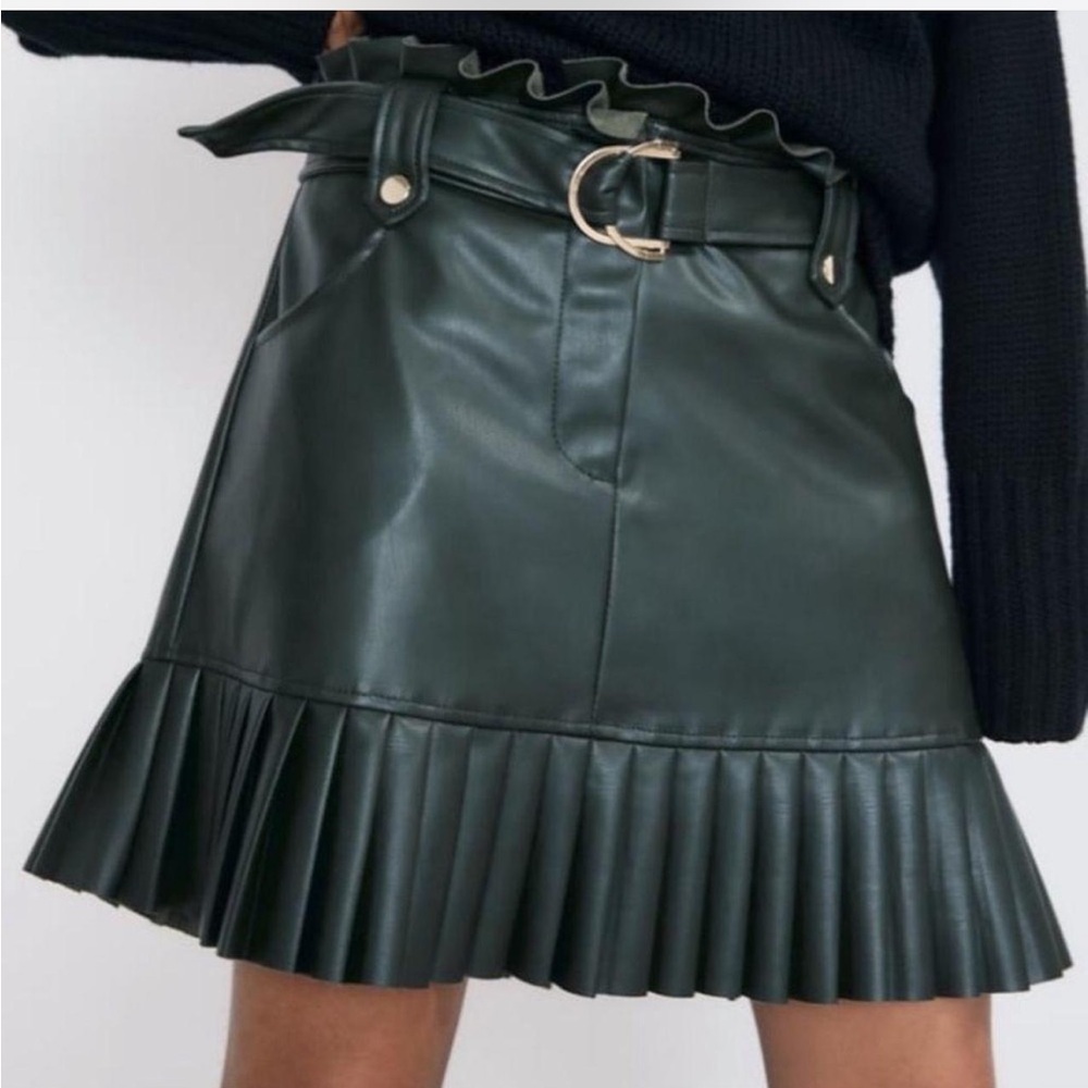 Zara Green Pleated Leather Skirt - Picture 5 of 6